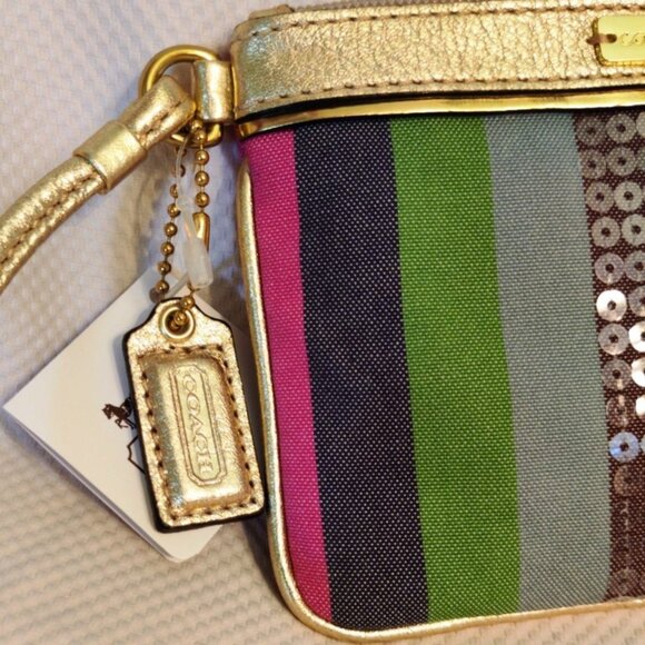 Coach Poppy Sequin Legacy Stripe Small Wristlet in Brass/Multi, NWT - Picture 4 of 8